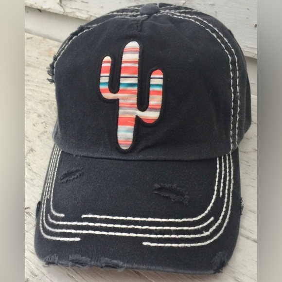 Boutique Accessories - Distressed Style Baseball Cap Black Cactus